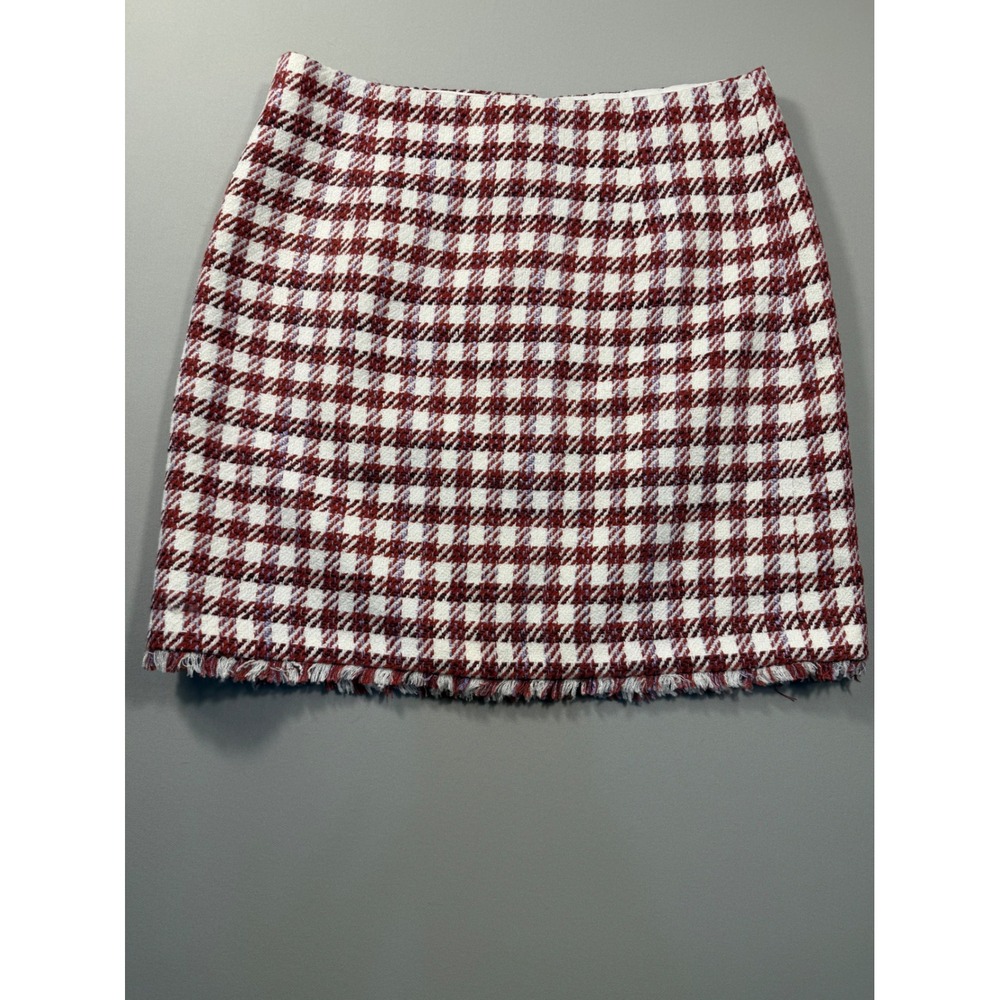 Ann Taylor Burgundy Tweed Houndstooth Mini Skirt Fringed Hem Size 6